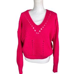 Aeropostale Hot Pink Chunky Sweater Medium v Neck Wool Blend